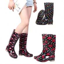 Bota De Lluvia Largas Para Mujer Dama Impermeables Suela Antideslizante Ligeras Livianas Diseño Estampados Material Grueso - Negro Bolitas - Ver 6