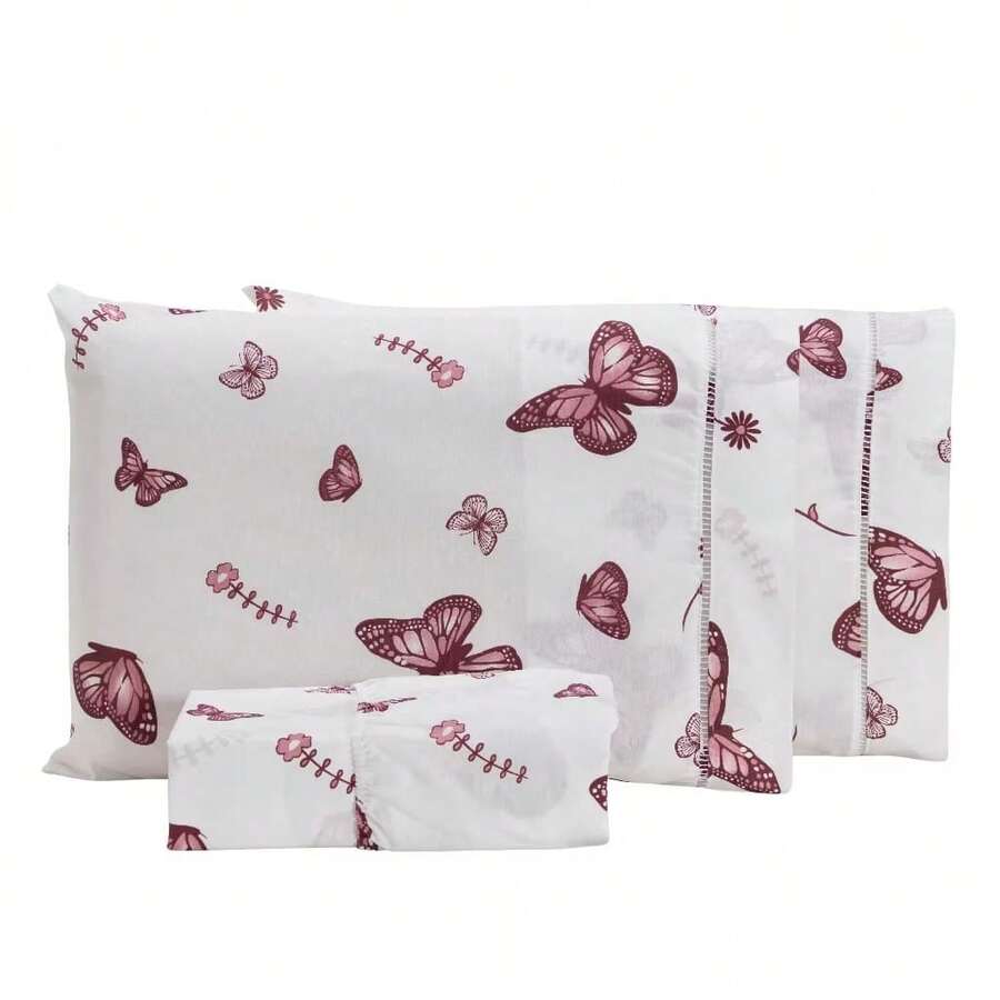 Single Sheet Set With 2 Pieces Printed Cotton Fabric With Elastic All Around And Pillowcase In Matchstick Stitch - Granate - Ver 1