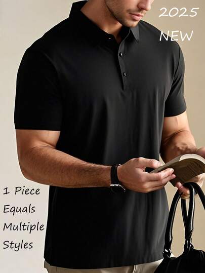 2025 夏季男士黑色男友风 Polo 衫 - 速干冰丝翻领 | 返校季 | 均码 (XXS-XXL) | 超轻透气，适合高尔夫/户外/商务/休闲