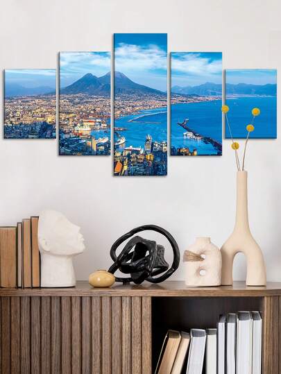 1/5 Parça Seti Dekoratif Sanat Klasik Çerçeveli Kanvas Duvar Tablosu - Napoli ve Vezüv Dağı'nın Nefes Kesici Panoramik Manzarası, Ahşap Çerçeveli, Gün Batımında Arka Planda Vezüv Dağı Silüeti, Campania, İtalya, Oturma Odası, Yatak Odası, Ofis, Banyo, Yemek Odası İçin Çok Yönlü İç/Dış Mekan Dekorasyonu - Asmaya Hazır