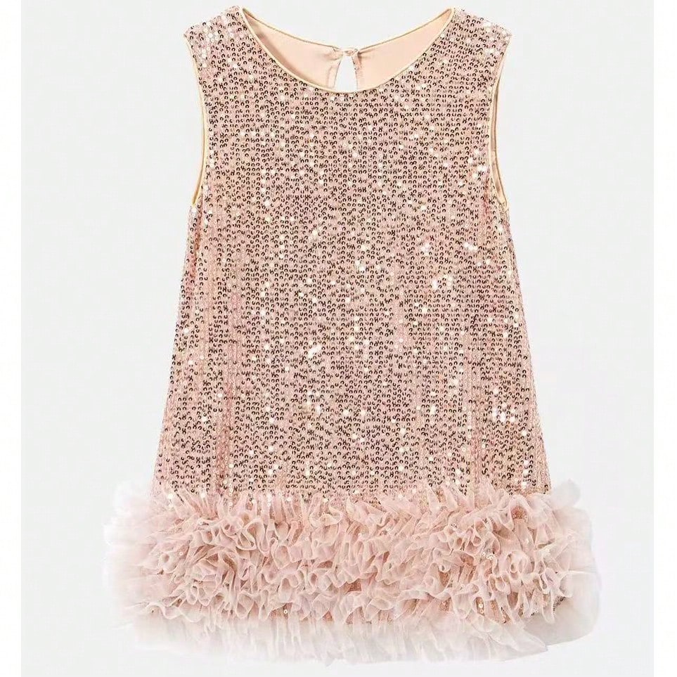 Vestido elegante sin mangas de cuello redondo con lentejuelas para niñas, vestido de fiesta y ocasión de verano con espalda descubierta