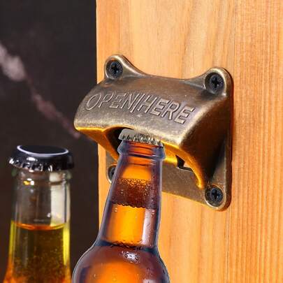 1pc Vintage Wrought Iron Beer Bottle Opener, Square Antique Brass Mounted Bar Accessory, Easy To Install Portable Mini Tool