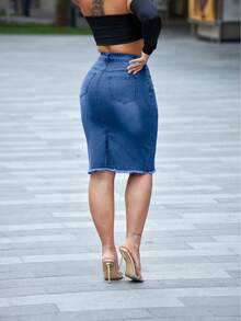 女士破洞下摆口袋性感牛仔短裙 - 深色水洗藍 - 查看 4