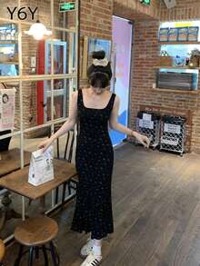 法式夏季黑色碎花无袖复古收腰修身吊带背心连衣裙 - 黑色 - 查看 3