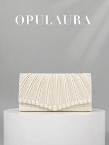 OpulAura 女士简约时尚褶皱设计迷你翻盖手拿包，奢华缎面晚宴包，优雅迷人的晚礼服配饰手拿包，适合婚礼/正式派对/庆典/返校活动，可作为生日/节日礼物，随机珍珠装饰 - 杏色 - 查看 1