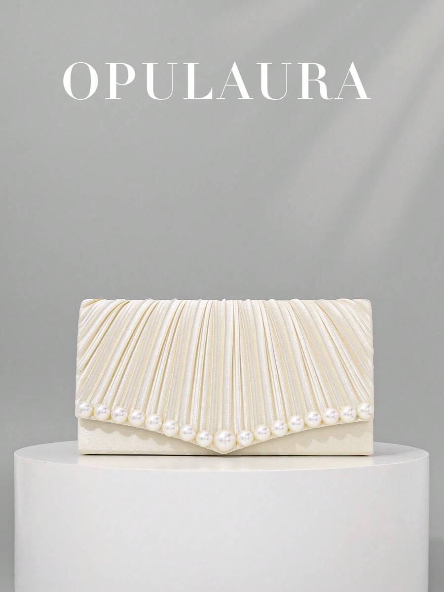 OpulAura 女士简约时尚褶皱设计迷你翻盖手拿包，奢华缎面晚宴包，优雅迷人的晚礼服配饰手拿包，适合婚礼/正式派对/庆典/返校活动，可作为生日/节日礼物，随机珍珠装饰 - 杏色 - 查看 1