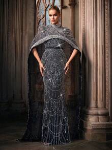 QOQ 华丽大气黑色斗篷袖女式礼服礼服带珠饰（大量装饰） - 黑色 - 查看 1