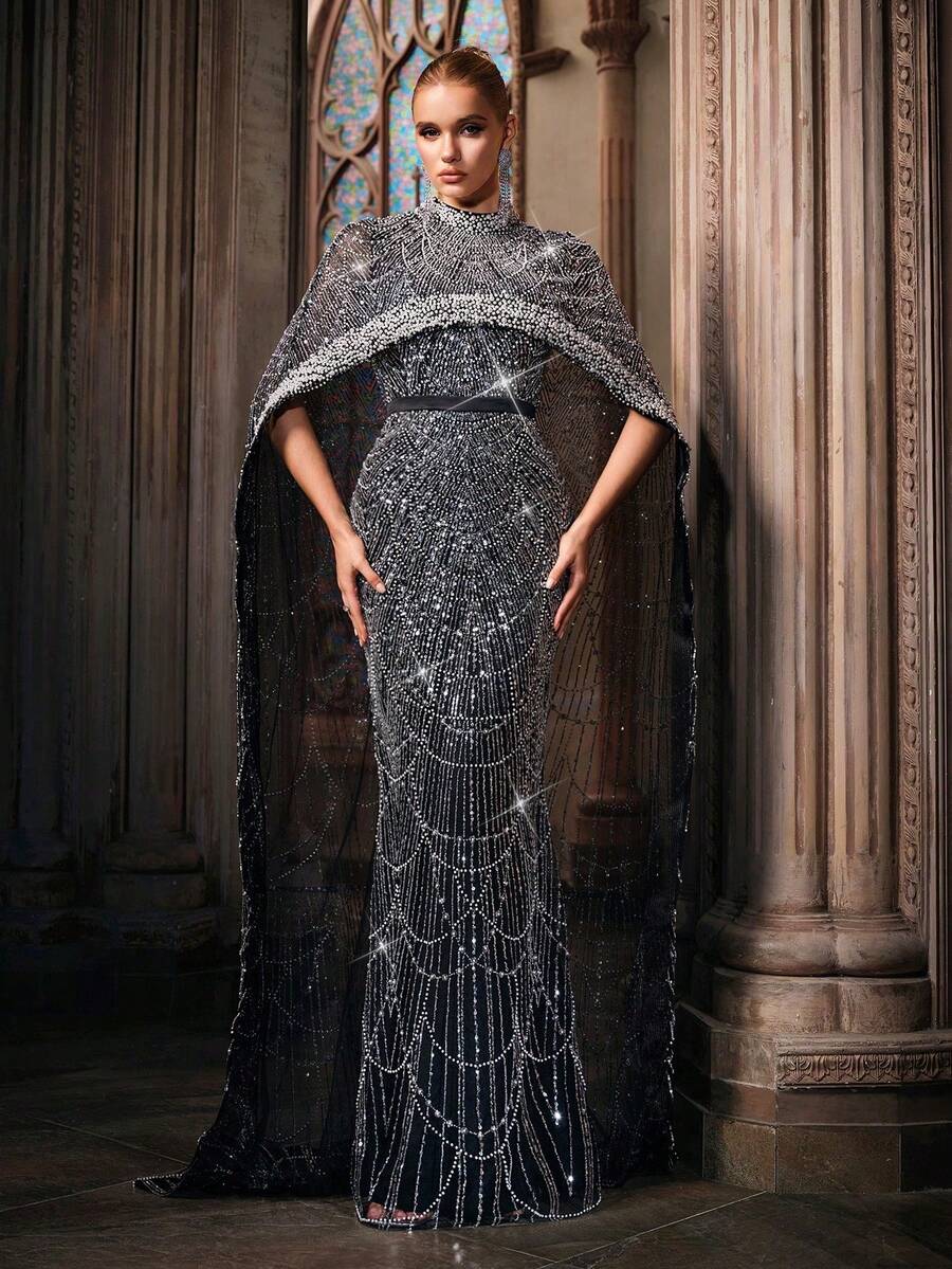 QOQ 华丽大气黑色斗篷袖女式礼服礼服带珠饰（大量装饰） - 黑色 - 查看 1