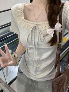 Summer Korean Style Pure Ruffled Collar Splice Tie Short Sleeve Cropped T-Shirt For Women Casual - Gray - View 2