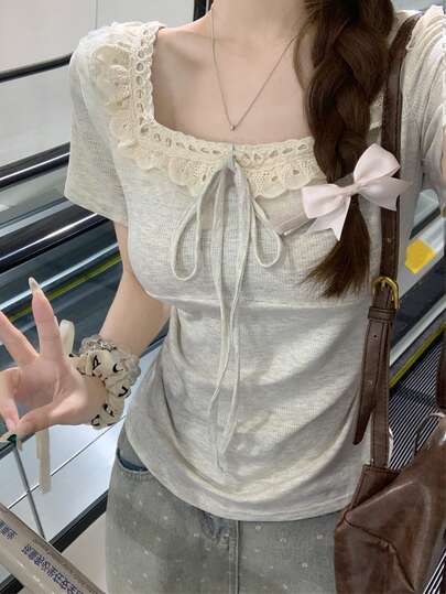 夏季韩版纯色荷叶边领拼接领带短袖短款T恤女