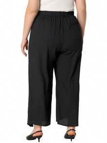 Plus Size Chiffon Palazzo Pants For Women High Waist Tie Front Split Flowy Wide Leg Pants - Black - View 4