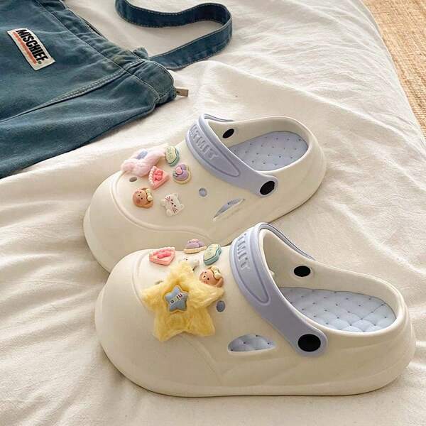 Women's Fluffy Star Perforated Slippers, Fresh & Sweet Outdoor Wear, Comfortable, Versatile, Thick Sole, Anti-Slip, Cartoon Beach Holiday Home