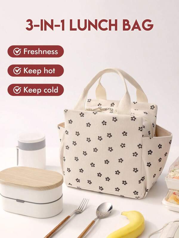 1 Piece Corduroy Portable Thickened Lunch Bag, Large Capacity Insulated Lunch Box Bento Bag, Soft Reusable Material, Top With Double Handles And Zipper, Multifunctional Insulated Lunch Box Bag, Unisex Lunch Box Bag, School Lunch Box, Bento Box Picnic Bag, Suitable For School, Work, Camping, Office, Autumn And Winter Home Decoration