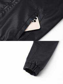 男士春秋休闲连帽皮革机车夹克，Grunge - 黑色 - 查看 5