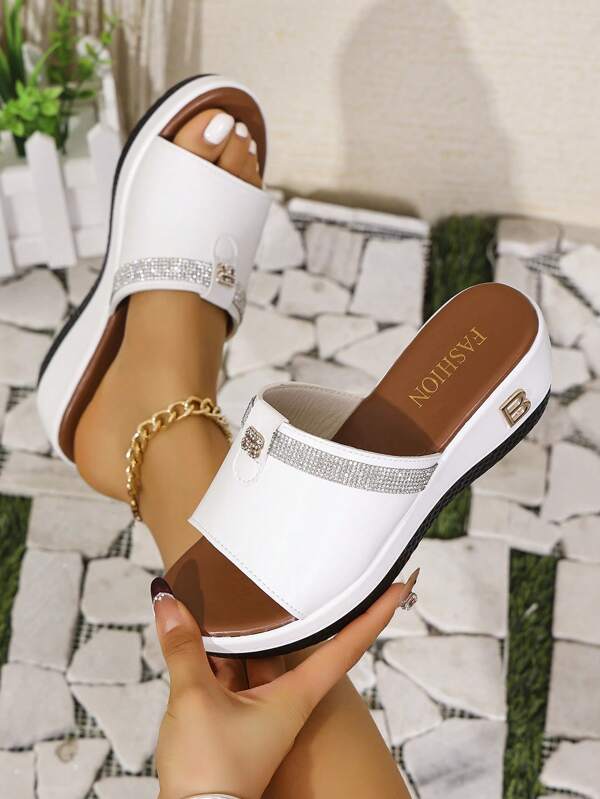 Women's Summer New Platform Wedge Slides With Rhinestones, Fashion Versatile Comfortable Thick Sole Flat Sandals