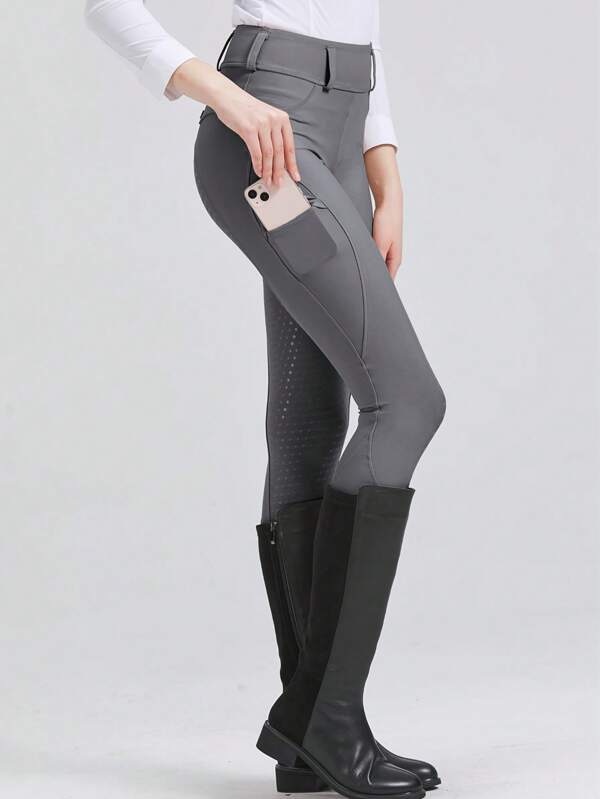 Women's Riding Pants, Quick-Dry Silicone Anti-Slip Horse Riding Pants, 80% Polyester 20% Spandex Knitted Fabric With Geometric Print, Tight Fit Cycling Pants With Pockets, High Elasticity, Suitable For All Seasons, Belt Not Included