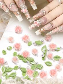 Rose Nail Art Accessories, Pink Flower Leaf Pearl Versatile And Simple Nail Art Pendants, DIY Wearable Nail Handcrafted Art Decorative Small Accessories, Suitable For Nail Art Culture Salons