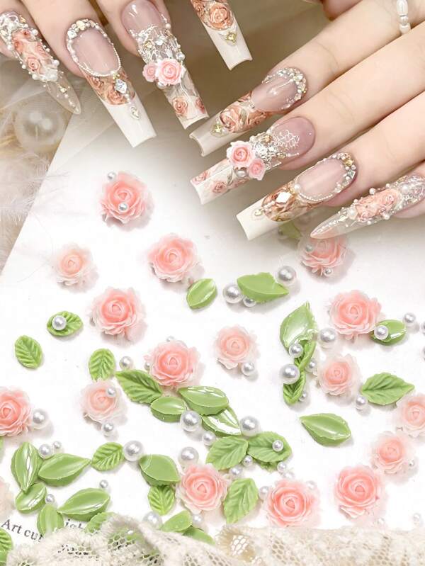 Rose Nail Art Accessories, Pink Flower Leaf Pearl Versatile And Simple Nail Art Pendants, DIY Wearable Nail Handcrafted Art Decorative Small Accessories, Suitable For Nail Art Culture Salons
