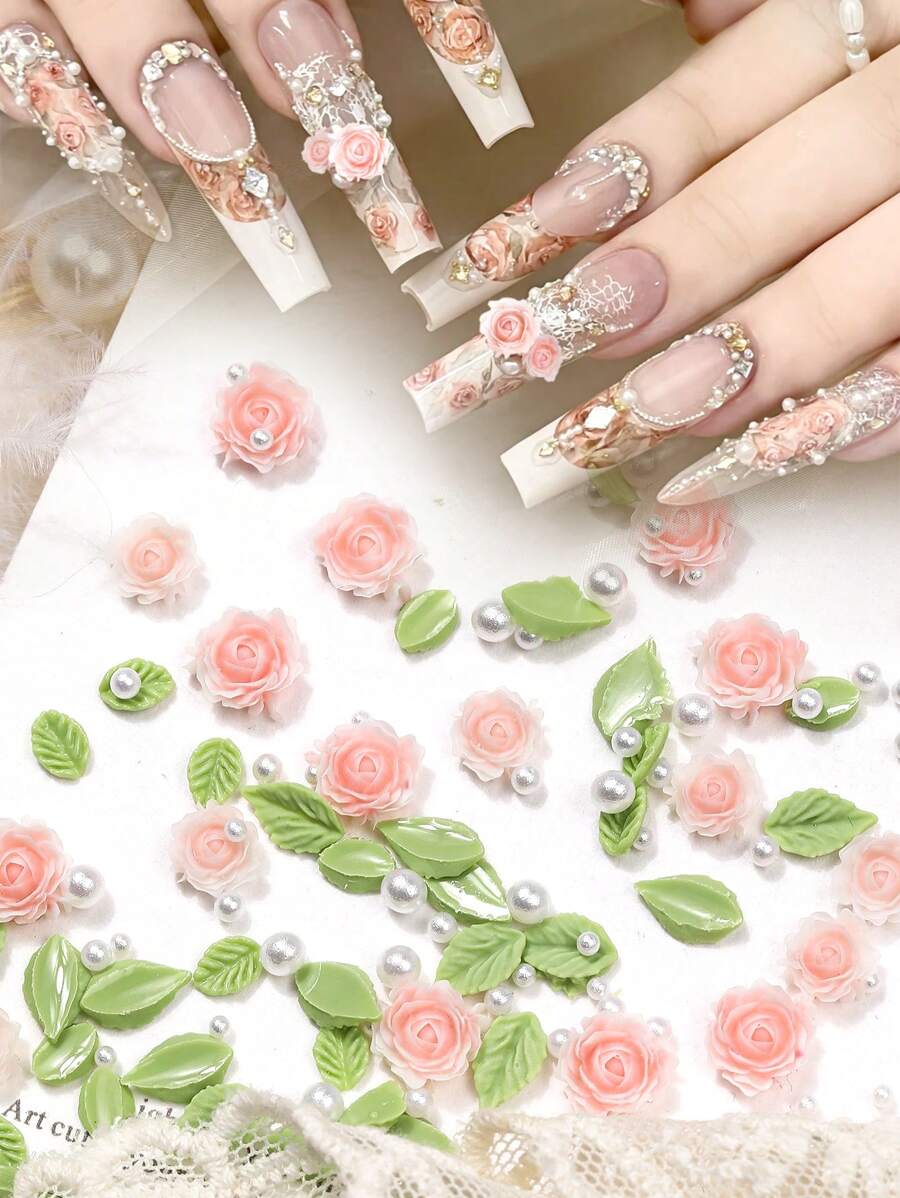 Rose Nail Art Accessories, Pink Flower Leaf Pearl Versatile And Simple Nail Art Pendants, DIY Wearable Nail Handcrafted Art Decorative Small Accessories, Suitable For Nail Art Culture Salons