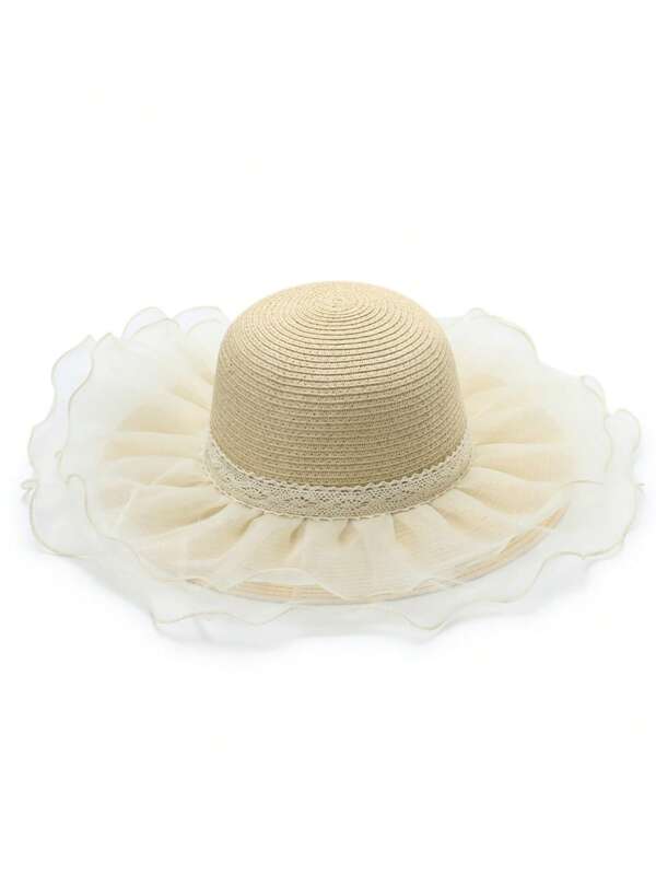 1 Peça Novo Chapéu de Palha Infantil para Primavera/Verão, Chapéu Protetor Solar Fofo com Borda de Renda Floral para Meninas, Boné com Aba Larga