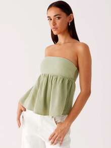 Women Summer Flowy Tube Top Y2k Solid Color Strapless Off The Shoulder Loose Fit Babydoll Bandeau Crop Tops Backless Sleeveless Going Out Tops Vests Shirts Casual Streetwear - màu xanh lá - Xem 2