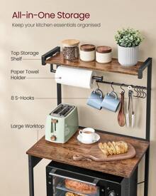 VASAGLE Kitchen Bakers Rack With Power Outlet, 4-Tier Coffee Bar With Adjustable Shelf, Microwave Stand, Paper Towel Holder, 40 X 60 X 140 Cm, Rustic Brown And Ink Black