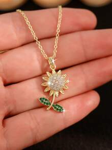 1 pieza Collar con dije de girasol dorado y cubic zirconia para madre e hija, flor tridimensional casual, regalo para mujer para fiestas, diario, viajes