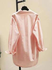 Women's Casual Loose Button-Up Color Block Front Short Back Long Shirt For Daily Commute, Spring/Autumn