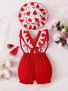 Baby Girls Valentine's Day Sunflower Bow Criss-Cross Strap Romper + Hat - Red - View 2