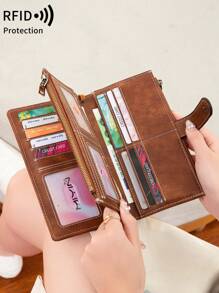 Nueva cartera larga de triple pliegue con tecnología RFID para comercio transfronterizo, cartera vintage multifunción para dama, de unicolor, con gran capacidad