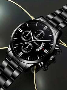 5-Piece Stylish Men's Alloy Strap Quartz Watch, With Wallet And Fashion Glasses, Keychain, Pen, Ideal Gift Set,Suitable For Daily Wear - Black - View 4