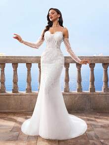 Elasola HEARBOBO Romantic Elegant Noble & Cute White Lace Appliques Mermaid Wedding Dress With Train,Suitable For Beach,Lawn Wedding Party Elegant - White - View 4