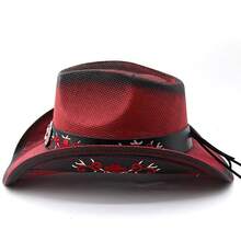Women Men Cowgirl Hat Western Belted Sun Holiday Beach Straw Hiking Cap - Đỏ - Xem 4