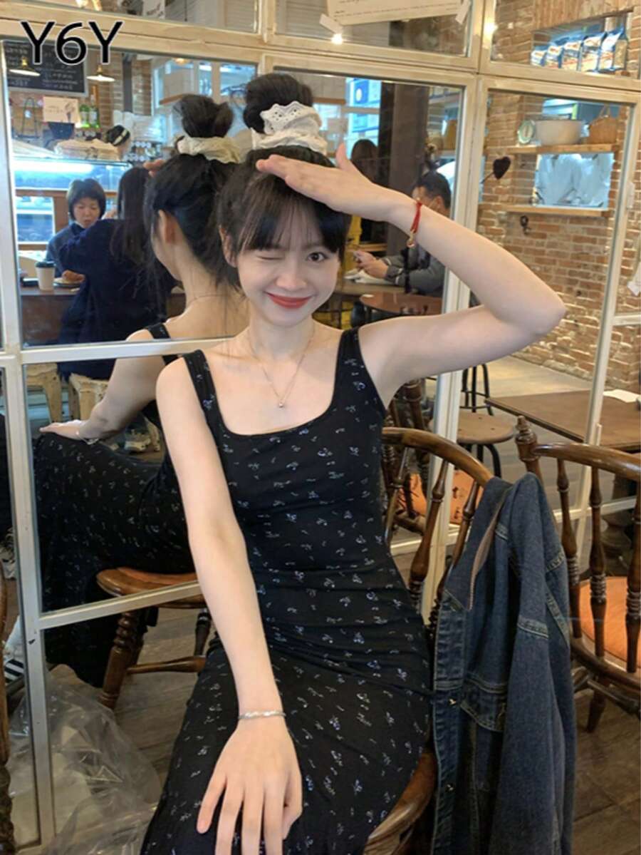 法式夏季黑色碎花无袖复古收腰修身吊带背心连衣裙 - 黑色 - 查看 1