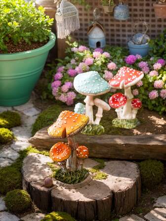 1pc Realistic 3D Resin Handpainted Mushroom Decor Ornaments, Home Garden Planter Pot Micro Landscape Decoration
