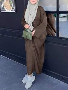 Solid Color Elegant Round Neck Long Sleeve Long Casual Slim Fit Women Dress, Daily Wear