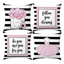 4 件套简约黑、白、粉色礼品靠垫套套装，单面印花柔软桃皮毛绒面料，45*45 厘米枕套适用于房间装饰、室内沙发客厅装饰、派对装饰、装饰枕套礼物