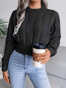 女士休闲圆领麻花针织收腰长袖短款套头毛衣，秋冬黑色 - 黑色 - 查看 6