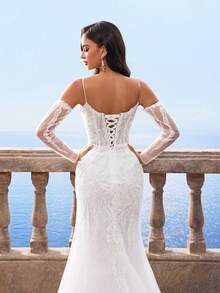 Elasola HEARBOBO Romantic Elegant Noble & Cute White Lace Appliques Mermaid Wedding Dress With Train,Suitable For Beach,Lawn Wedding Party Elegant - White - View 5