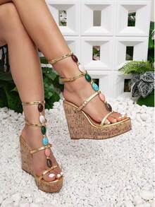 Women's Color Button Decorative Super High Wedge Thick Platform Wedge Sandals - Gold - View 2