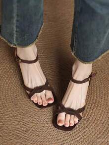 Women's Chunky Heel Strap Buckle Open Toe Brown Sandals, Mid-Heel Square Toe Faux Suede Chic Versatile Lady Sandals,Kitten Heels