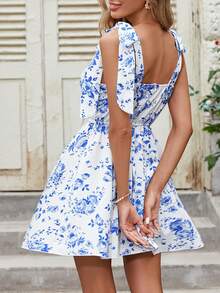 女士夏季度假优雅花卉系带露背 A 字连衣裙