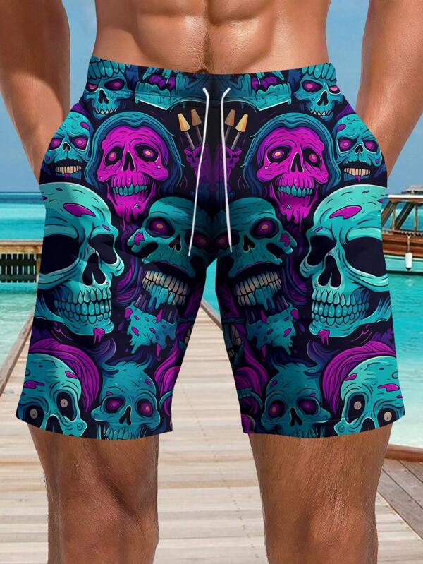 Men's Summer 3D Horror Skull Printed Beach Shorts - Quick Drying