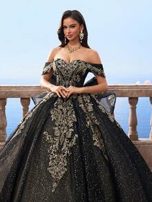 Vestidos de bola estilo Bridgerton con hombros descubiertos y malla negra para mujeres, vestido de novia de línea A de manga abullonada extra grande para la novia - Negro - Ver 5