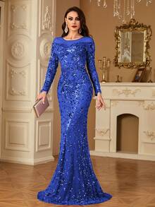 hezixi Đầm sequin co giãn, thoải mái khi mặc, phù hợp với nhiều dáng người, đầm dạ hội dài tay cổ tròn xuyên thấu, thiết kế dáng đuôi cá ôm sát, độc đáo và khác biệt. - Xanh đậm - Xem 5