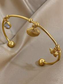 1Pc 18K Gold Plated Ocean Open Bracelet For Women - Luxury Nautical Starfish Shell Charm With CZ Stones, Adjustable Boho Beach Jewelry, Mother's Day Gift, Summer Vacation Travel Essential, Graduation Present, Teacher Gifts