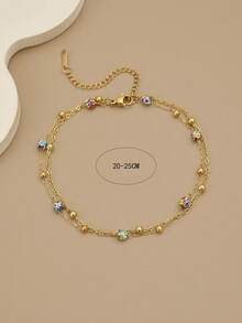 1pc Double Layer Sparkling Blue Rhinestone Beaded Stainless Steel Anklet/Bracelet For Women (Handmade Chain, Bead Quantity May Vary, Actual Length Prevails) - Yellow Gold - View 6