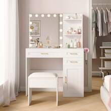 Tomnk Makeup Vanity Desk Set With Mirror LED Lights(Powered By Usb) And Power Outlet Vanity Desk With Soft Dressing Stool, Drawers, Open Organizer, Dressing Table Bedroom, Minimalist Aesthetic Room Decor, Home Decor, Bedroom Furniture, For Christmas Thanksgiving Festival Gift - 查看 8