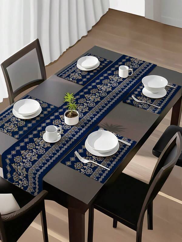 1pc Geometric Floral Print Table Runner, 4/6/8pcs Geometric Print Placemats, Suitable For Holiday, Party, Birthday, Dinner, Kitchen & Dining Room Table Decor, All Season Home & Living Decor