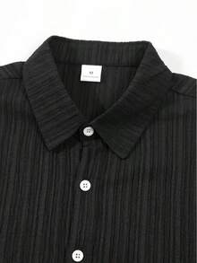 Men's Casual Striped Short Sleeved Sports Suit With Button Down Shirt Collar And Elastic Waistband Pants, Made Of Polyester Textile Elastic Fiber Blend, Summer Two-Piece Set With Belt Details - màu đen - Xem 4
